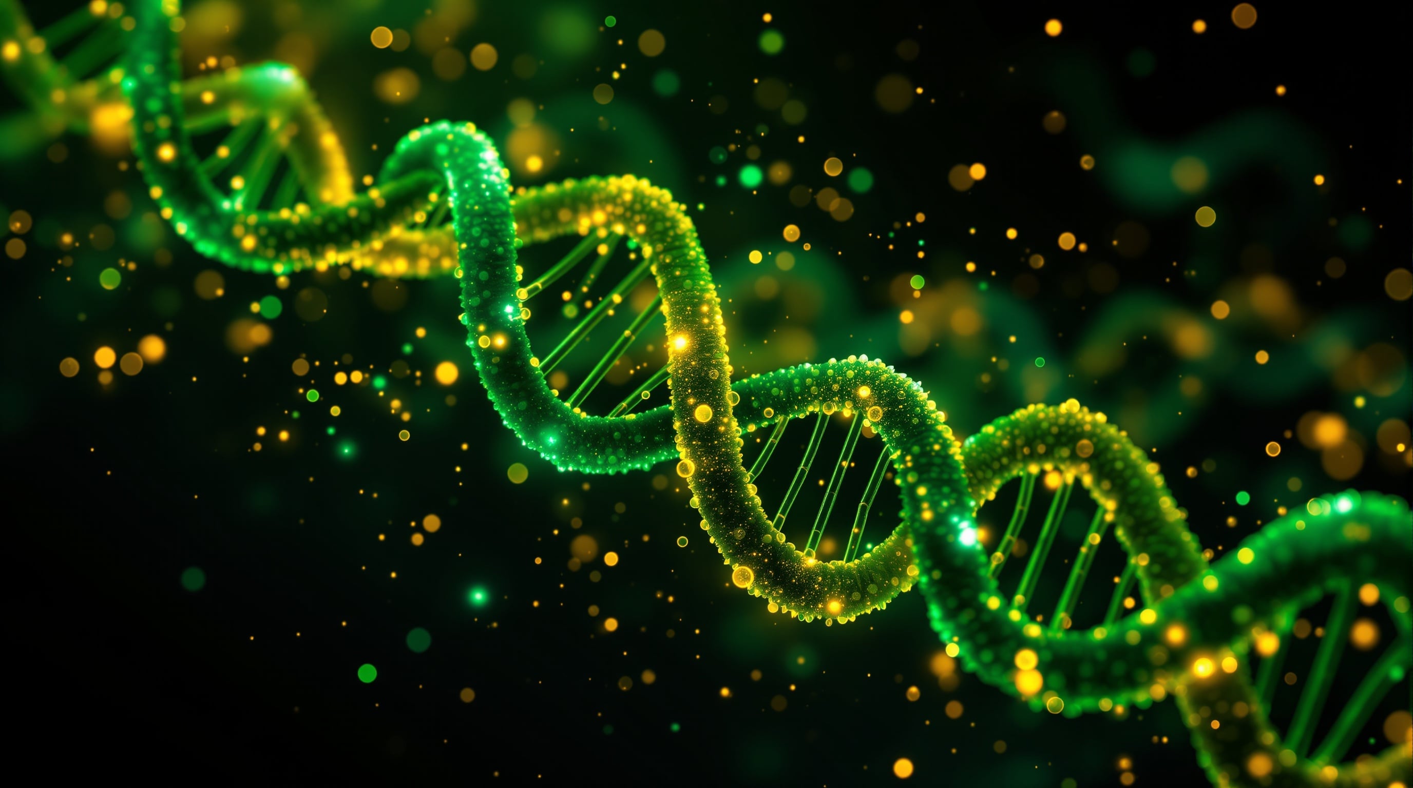 Bioactive peptide molecular chains in deep green and gold — representing the 16 peptides found in Kambo secretion