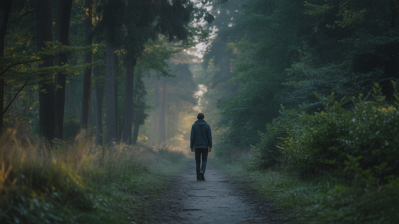 A solitary figure walking a forest path at dawn — the journey to becoming a Kambo practitioner
